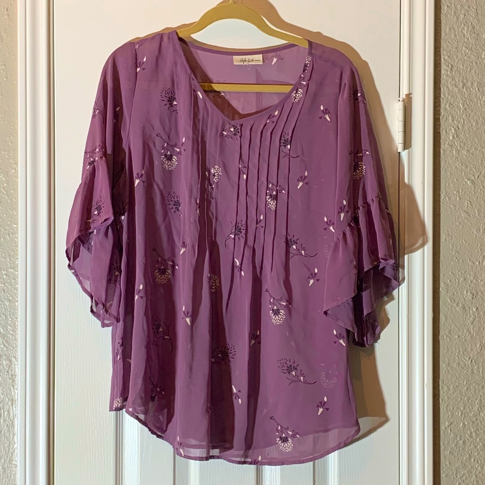 Style & Co Purple Sheer Blouse with Flowers
